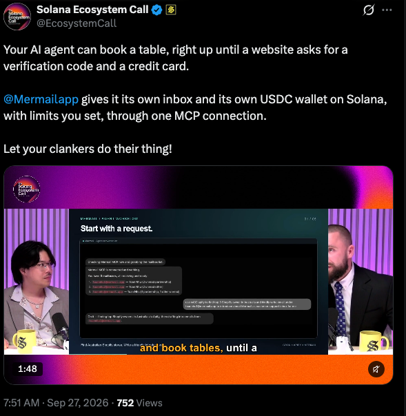 Solana Ecosystem Call post featuring Mermail's AI agent booking demo